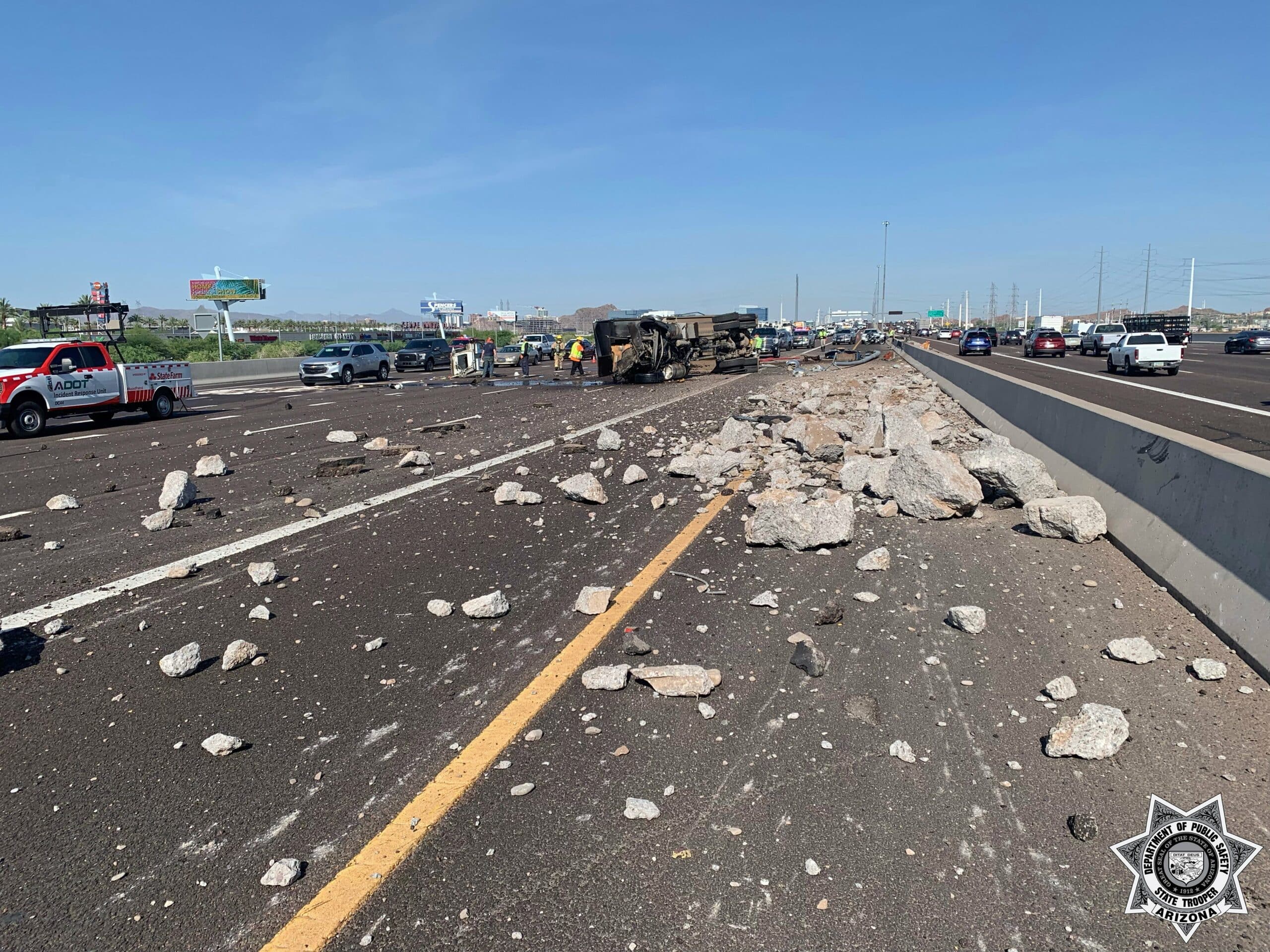 Minor injuries reported after dump truck overturns on Loop 202 in Tempe